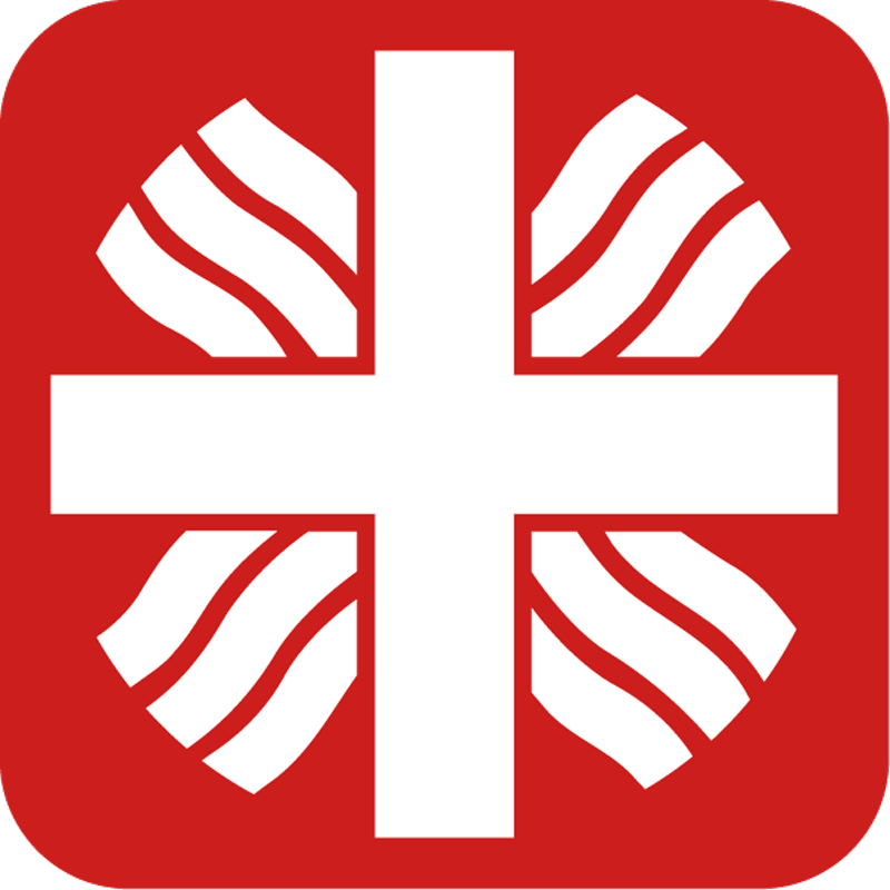 Caritas-Logo in der Version 2026 weißes Flammenkreuz auf quadratischer roter Grundfläche mit abgerundeten Ecken